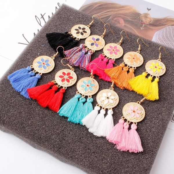 

10 colors alloy long tassel earrings round metal drip glaze flower charm earring dangle fringe drop ear hook pendant eardrop for women gifts, Silver