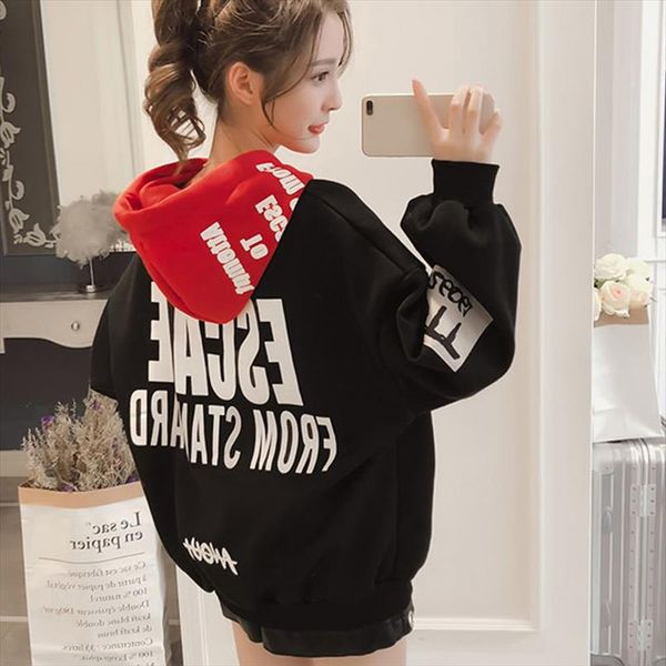 

harajuku капюшоном письмо печати женская толстовка черный красный лоскутная толстовки женщины 2020 spring контраст цвет сыпучие толстовка же, Black