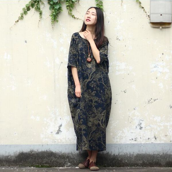 

women's summer new fashion long sleeve printed dress - belt fold split largo maxi vintage