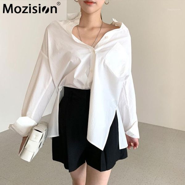 

mozision irregular long sleeve shirt women solid lapel single breasted 2020 winter new casual simple loose blouse1, White