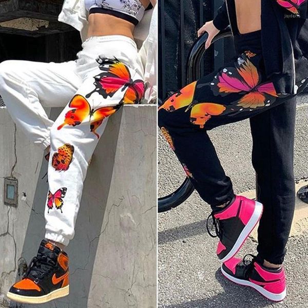 

butterfly print loose pants women stretch high waist streetwear jogger pencil pants pocket1, Black;white
