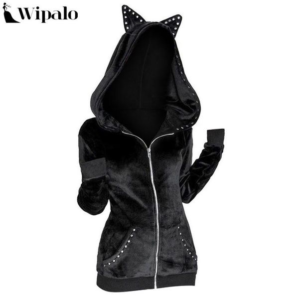 

wipalo women chic gothic punk hooded jackets plus size black loose zipper coat autumn winter casual grommet trim zip up jackets, Black;brown