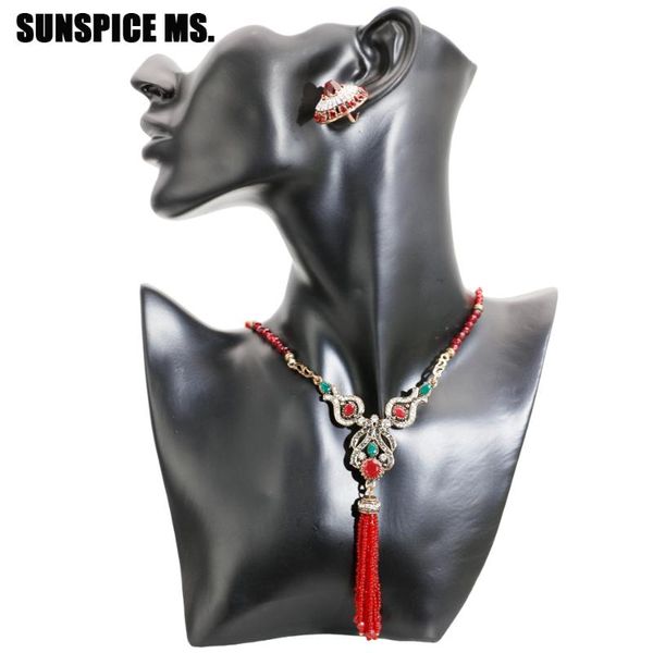 

sunspice ms natural stone african beads jewelry set women ethnic wedding round earrings long charm chain necklace bijoux, Silver
