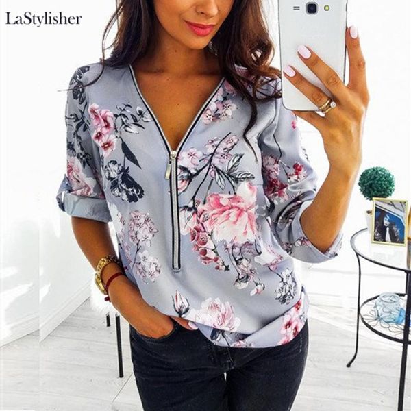 

women's blouses & shirts zipper long sleeve womens and v neck floral print women blouse female ladies casual shirt plus size 5xl, White