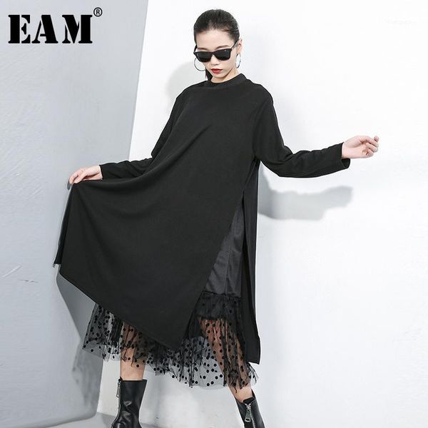 

eam] women black mesh dot split joint dress new stand collar long sleeve loose fit fashion tide spring autumn 2019 1b5931, Black;gray