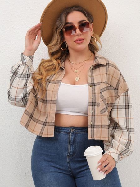 

plus plaid print drop shoulder colorblock blouse s5nx#, Black