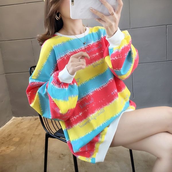 

uobtc lx2020 autumn korean style tie-dyed slimming belly loose long size sweater women's sleeve covering large internet celebrity sweat, Black
