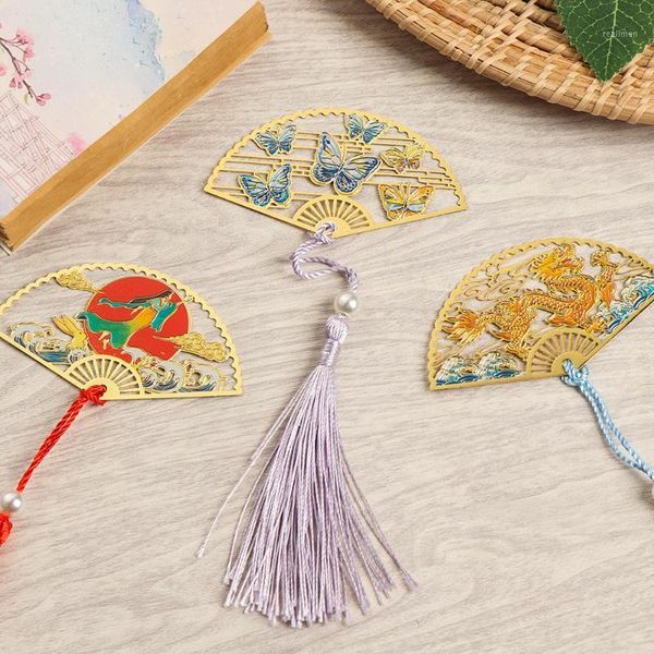 

metal folding fan shape bookmarks chinese style retro book clip pagination mark flower tassel stationery school office supplies1