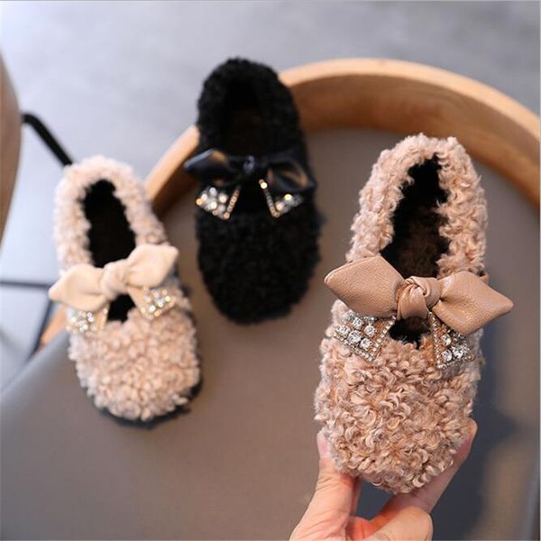 

children' fur shoes 2020 winter new girls children bow princess shoes little girls sheep curl fur baby flats shoes size 26-35, Black;grey