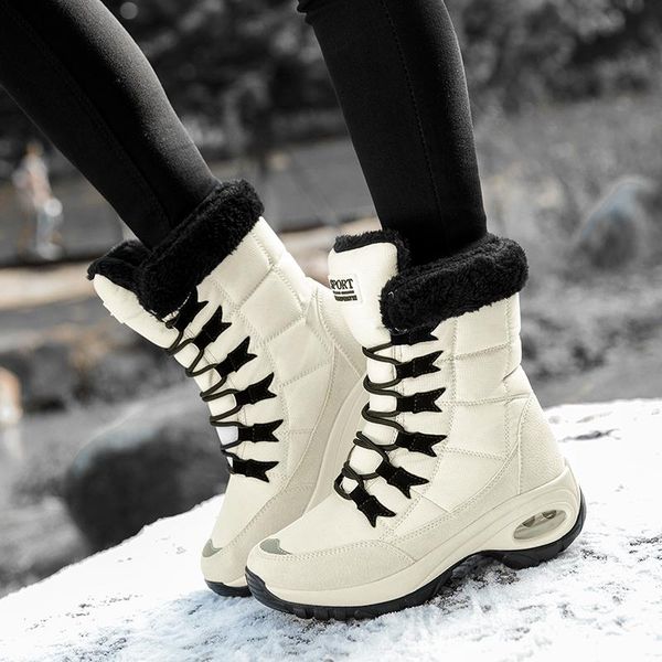

2020 new quality waterproof winter women boots keep warm mid-calf snow boots ladies lace-up comfortable chaussures femme, Black