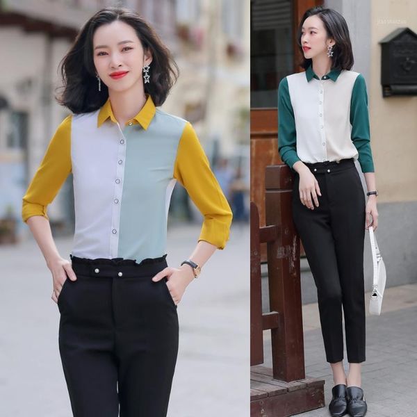 

fashion pantsuits women blouse & shirts patchwork long sleeve office laides 2 piece pant and sets1, White