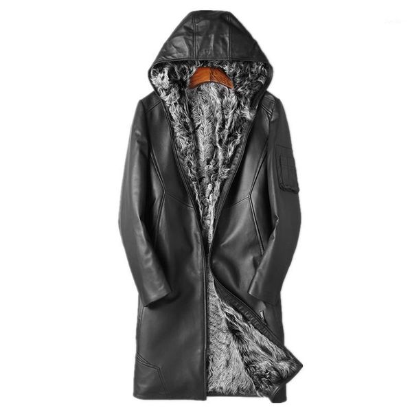 

genuine leather jacket winter jacket men real sheepskin coat for men natural wool fur liner warm long coats veste homme my17281, Black