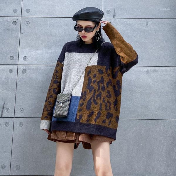 

mevgofashion patchwork leopard women sweater plus size knitted vintage autumn winter casual loose pullover sweater hd34241, White;black