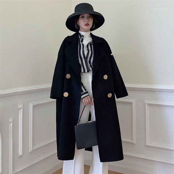 

high-end 2020 autumn winter korean new wool double-sided long trench coats female cashmere windbreaker women overcoats v9441, Tan;black