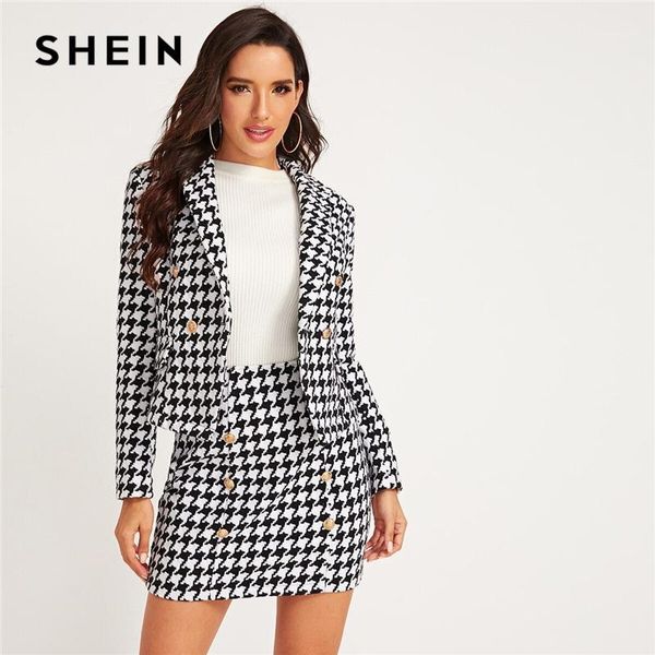 

shein black and white shawl collar houndstooth print blazer and bodycon skirt elegant set 2020 autumn ladies buttoned suit sets1