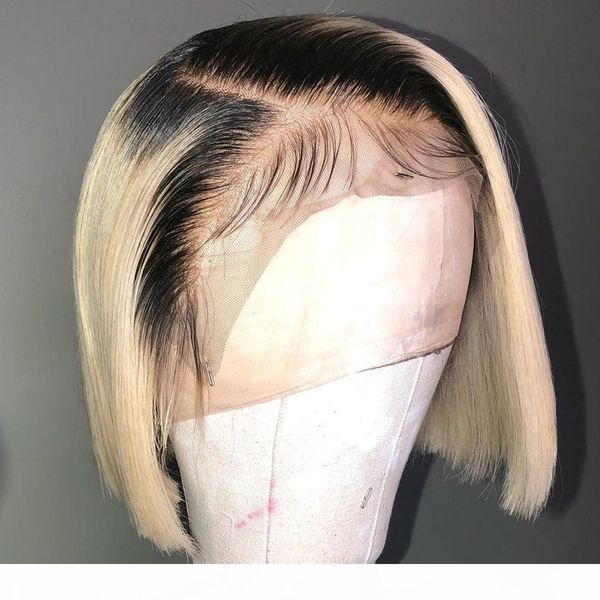 

ombre blonde lace front wigs short bob brazilian human hair wig 150% density remy straight hair t 1b 613 short bob wigs, Black;brown