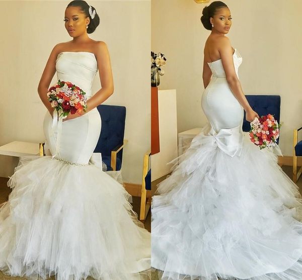 

2021 designer african wedding dresess mermaid style strapless ruffles tulle skirt crystal big bow back white bridal gowns plus size marriage