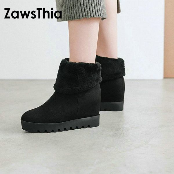 

boots zawsthia 2021 winter wam plush fur woman shoes platform hidden heels flat women snow ankle for ladies size 34-43, Black