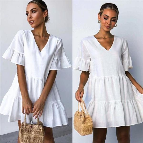 

womens casual white dress sweet ruffles short sleeve mini dress daily elegant princess vestido solid v neck sukienki 3s, Black;gray