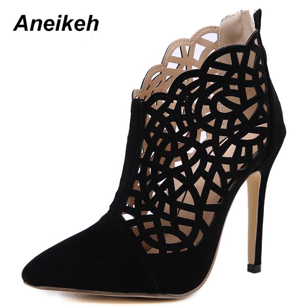 

aneikeh 2019 flock fashion spring gladiator women solid hollow out thin high heels boots shallow black party daily 35-40 y200723