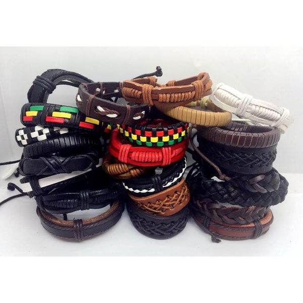 

100pcs lots mixed style genuine leather mens womens surfer bracelet cuff wristband fashion jewelry gift bracelet ntgqg, Golden;silver