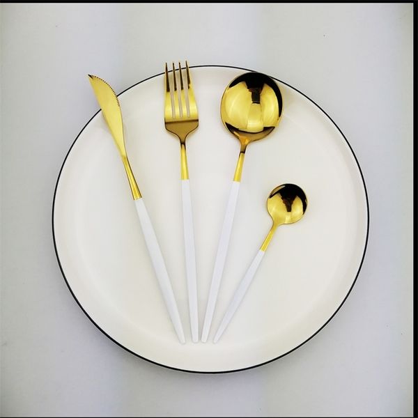 24 pcs branco dinnerware ouro 18/10 faca de aço inoxidável garfo colher talheres de cozinha mesa de talheres de mesa atacado y200610
