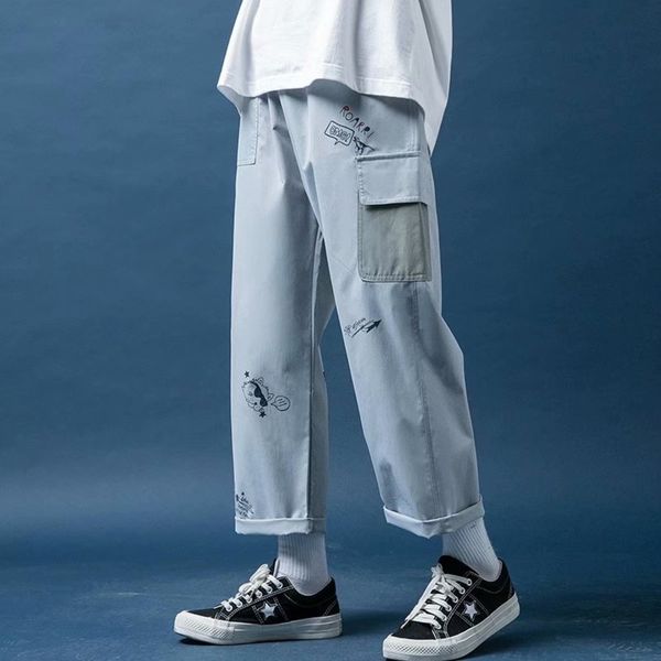 

men's autumn thin korean fashion loose casual straight casual pants fashion brand cartoon nine division men's pants noafo, Blue