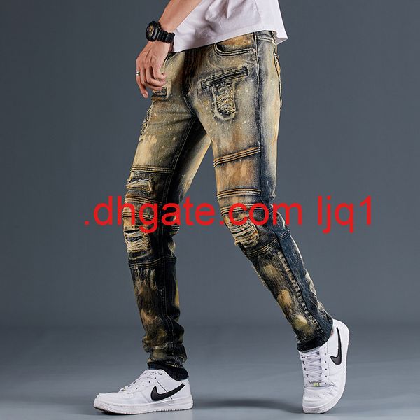 

new type of street holed slim elastic leggings with heavy washing process and three-dimensional cutting of locomotive jeans, Blue