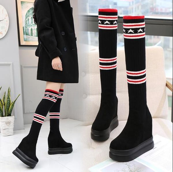 

2020 knee on wedges, high boots, waterproof platform, round-headed girl boots ib5m, Black