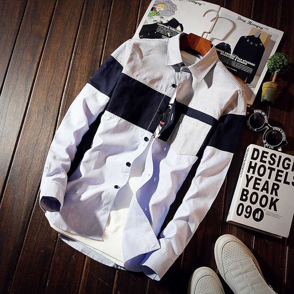 

korean new solid color splicing contrast casual wear long sleeve men's shirt fashion, White;black