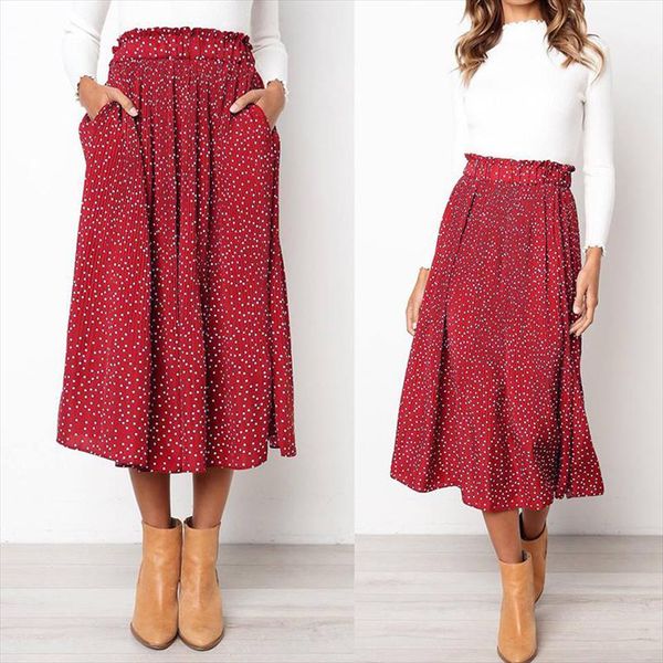 

fashion dot pleated skirts for women slim pocket long skirt high waist long printed elastic skirt lady spring autumn promotions, Black