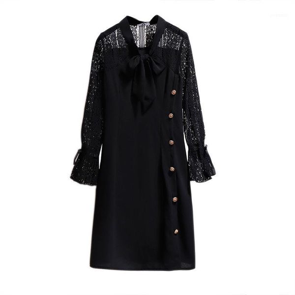 

black lace patchwork long sleeve dress bow collar spring and autumn vintage hollow out lace up plus size dress for women1, Black;gray