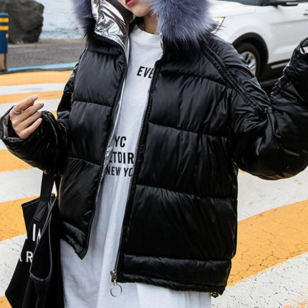

cotton padded jacket glossy short coat women 2020 korean loose parkas big fur collar hooded student bread coats outwears winter1, Black