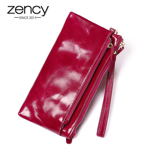 

zency 100% genuine leather women long purse large capacity note compartment p card holders standard wallet coin pocket, Red;black