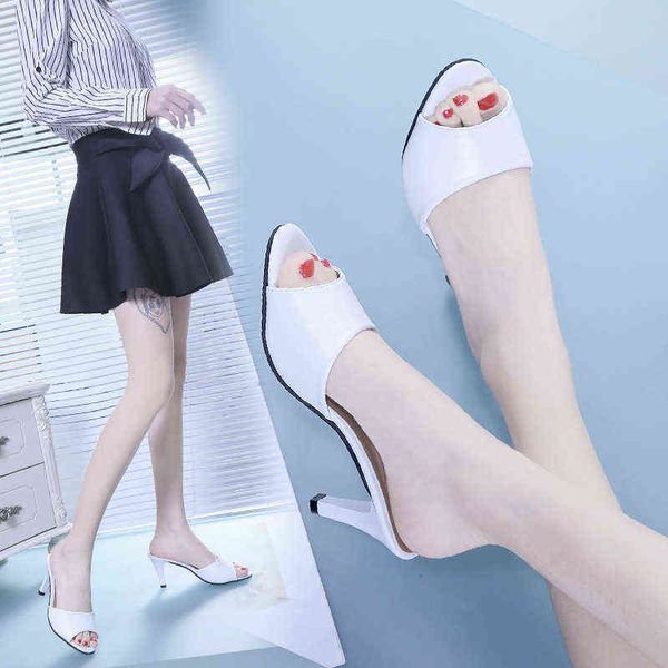 

2022 summer korean version simple fitting room women's shoes thin heels high heels fashion wearing fish mouth slippers, Black