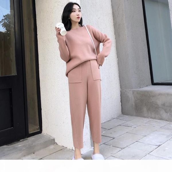 

knitted 2 pieces set tracksuits women 2019 autumn winter thick warm o-neck loose sweater+ankle-length pants warm cashmere suit t191231, White