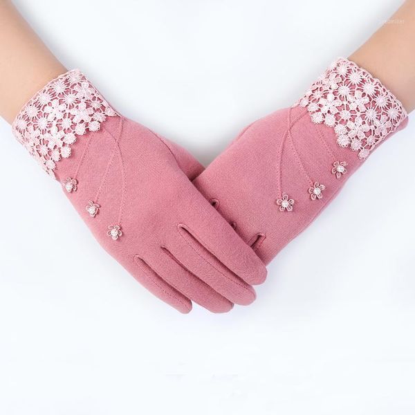 

five fingers gloves elifashion female warm solft touch screen mittens thick plush wrist short velvet women small flora lace driving glove1, Blue;gray
