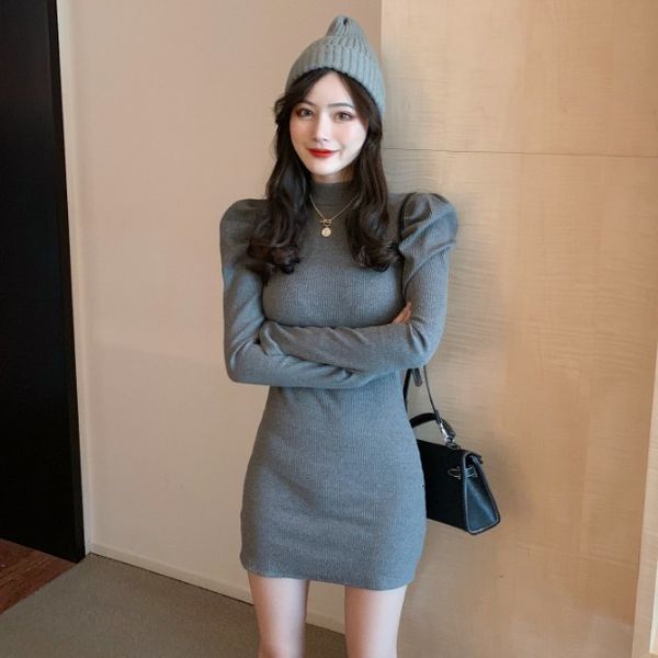 

2020 autumn new fit and slim wrap hip short half high collar bottomed skirt bubble long sleeve women's dress