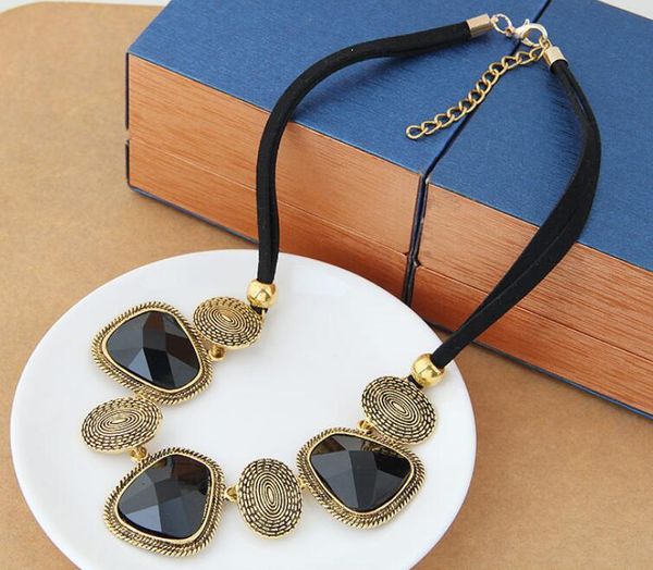 

chokers hexagonal column necklaces natural crystal pendants stone pendant leather chains necklace for women fashion jewelry, Golden;silver