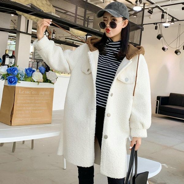 

winter woman casual imitation lambskin fleece hooded coat oversize white khaki blue single-breasted imitate lambs wool outerwear1, Black