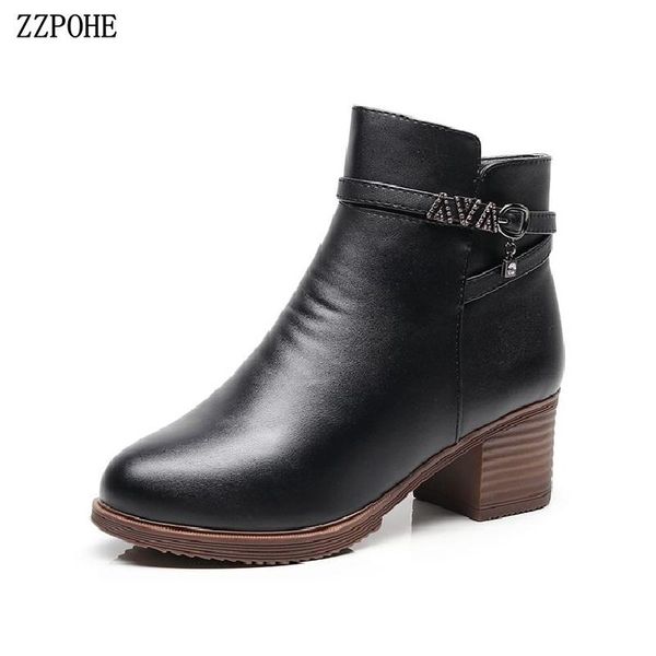 

boots zzpohe winter shoes women fashion leather warm ankle ladies mid heels short woman non-slip, Black