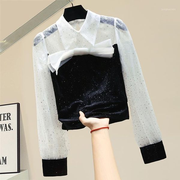 

autumn sequined chiffon blouse long sleeve women's shirt 2020 retro shirts female mesh spliced blouses office lady clothe 1, White