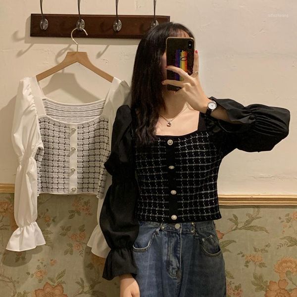 

autumn 2020 new korean french retro short long sleeve square collar shirt women's design sense minority shirt1, White
