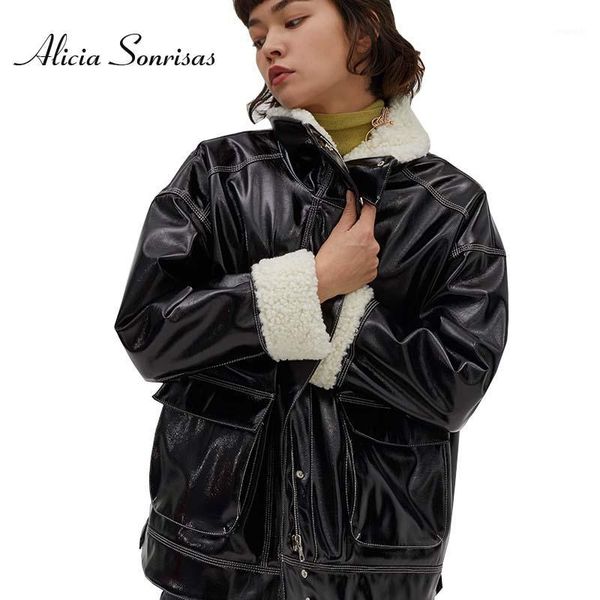 

women faux leather jacket new lambs wool korean winter biker shearling jacket silver soft smooth thick black overcoats1