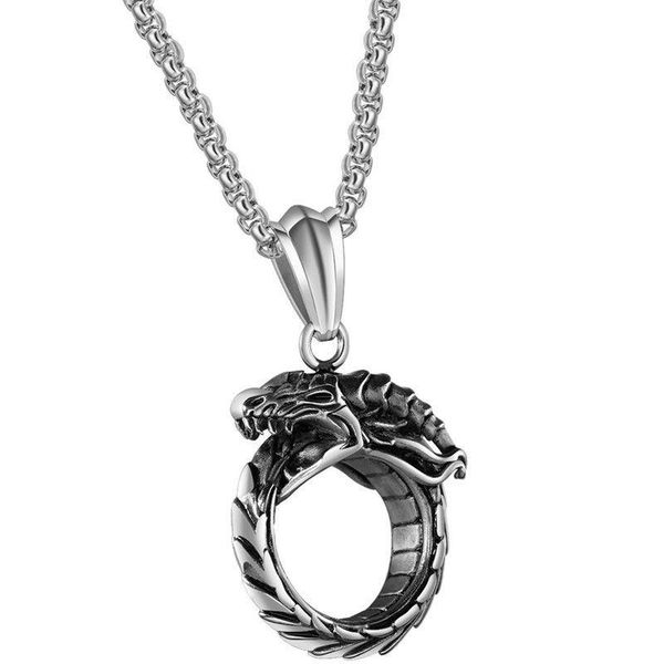 

pendant necklaces ouroboros snake titanium steel necklace punk style men's personal domineering retro sweater chain, Silver