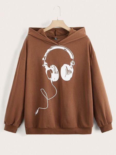 

plus headphone print drop shoulder hoodie a4gw#, Black