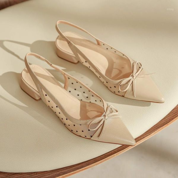 

sandals summer women genuine leather polka dot pointed toe med heels butterfly-knot comfortable shoes l001, Black