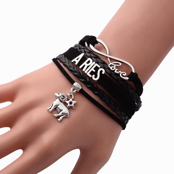 

charm bracelets zodiac bracelet 2021 fashion 12 constellations multi-layer woven starry retro punk leather for party, Golden;silver
