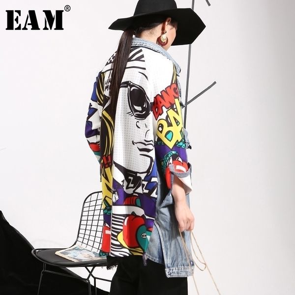 

[eam] loose fit back pattern printed denim big size long jacket new lapel long sleeve women coat fashion tide spring w0145 201109, Black;brown