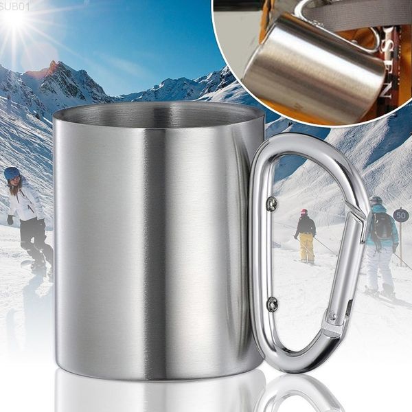 

220ml stainless steel portable double walls travel coffee milk mug tea cup with outdoor camping carabiner hook